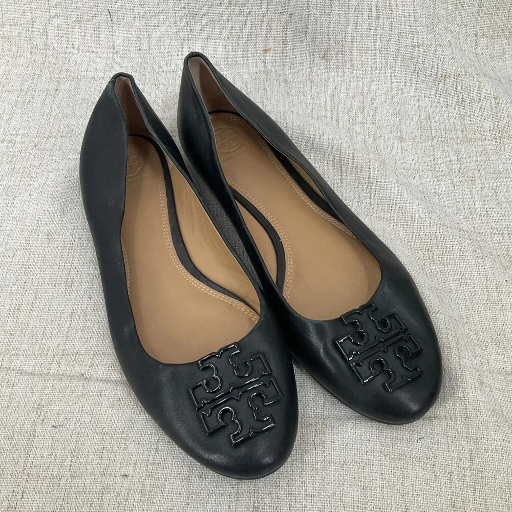 Tory Burch Claire Ballet Flats Women 9 Black Leather Enamel Logo Classic Luxury